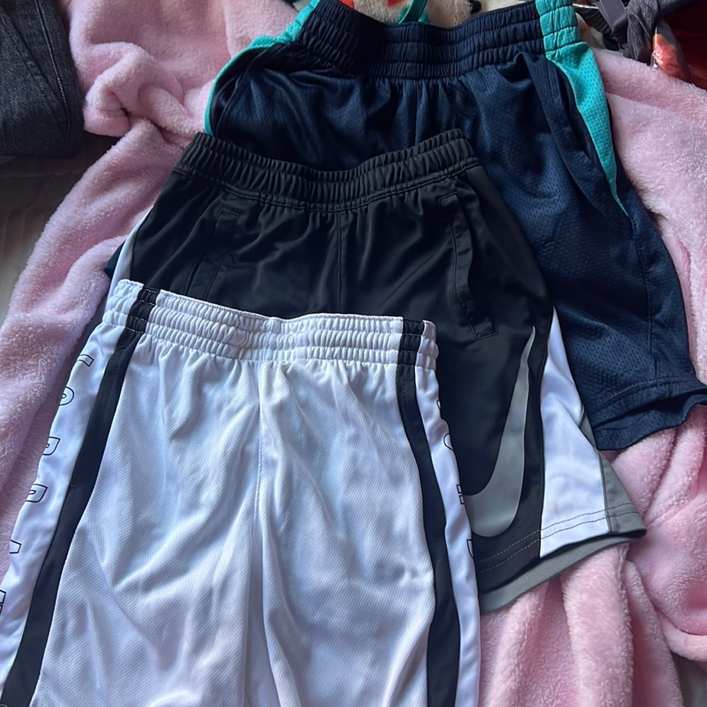 Three cute boy shorts size 1M8 &Two M6 Jordan,Nike Dry fit and Athletic works.
